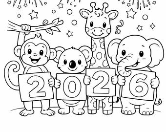 Pagina da colorare per bambini di Capodanno 2026 – Simpatici animali da stampare per celebrare la festa