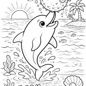 Op de afbeelding: Zwart-wit illustratie van een dolfijn die uit de oceaan springt en een kogelvis vasthoudt. De scène omvat een krab, zeewier, een schelp en een tropisch eiland met palmbomen. De zon gaat onder boven het water.