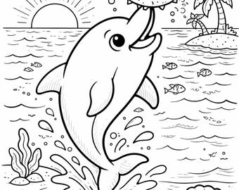 Cute Dolphin and Pufferfish Coloring Page, Ocean Animal Printable for Kids, Preschool Coloring Sheet, Sea Life Activity PDF, Instant Downloa