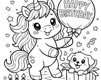 Unicorn Birthday Coloring Page for Kids, Birthday Coloring Printable, Cute Puppy Party, A4 PDF, Instant Download