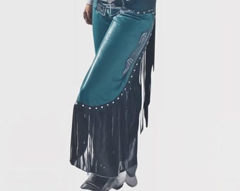 Women’s Turquoise Leather Chaps with Fringe – Western Cowgirl Rodeo Costume, Horse Riding Gear, Cowboy Pants, Custom Handmade Outfit