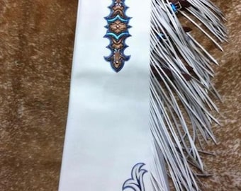 Handmade White Leather Western Chaps – Fringe Cowboy Rodeo Outfit