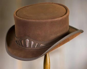 Cartola de camurça marrom – Chapéu artesanal estilo steampunk ocidental para festivais