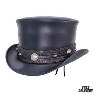Handcrafted Black Leather Steampunk Top Hat with Conchos | Gothic Cowboy Festival Hat | Victorian Retro Style | Free Delivery Included