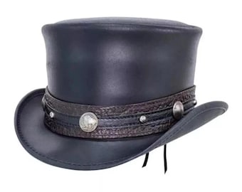 Handcrafted Black Leather Steampunk Top Hat with Conchos | Gothic Cowboy Festival Hat | Victorian Retro Style | Free Delivery Included