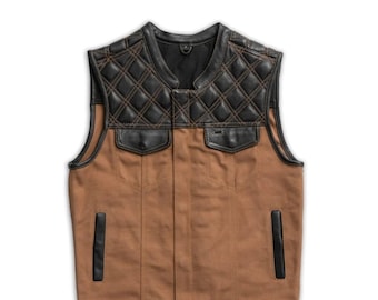 HandmadeMen’s Brown Canvas Motorcycle Vest | Black Quilted Leather Shoulders