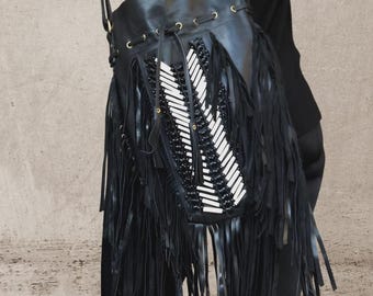 Handmade Black Leather Fringe Bag – Boho Western Crossbody with Bone Beads