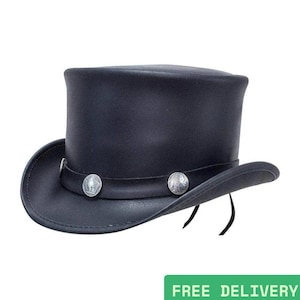 Leren steampunk-hoge hoed met zilveren concho's – gotische Victoriaanse cowboy westernkostuumhoed voor mannen en vrouwen – GRATIS BEZORGING