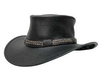 Cappello da cowboy western in vera pelle con fascia intrecciata, tesa ampia e curva, vestibilità comoda, consegna gratuita.