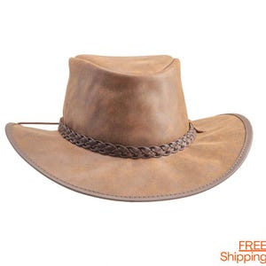 Vintage Leather Outback Hat with Braided Band Durable Stylish Wide Brim Cowboy Hat for Outdoor Adventures  Free shipping