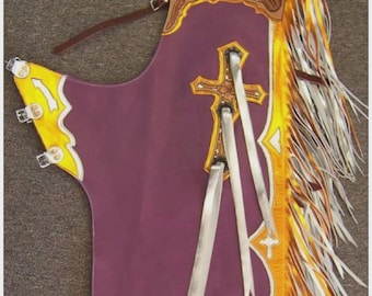 Handgemaakte leren chaps met franjes – western rodeo-cowboyoutfit
