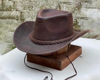Handmade Brown Leather Cowboy Hat | Western Outback Australian Bush Hat | Vintage Style Braided Band | Men’s Adventure Fedora.
