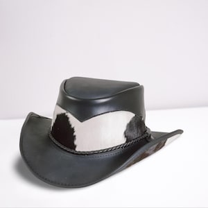 Brown and black leather cowboy hat with real cowhide – western style, rodeo ready, rancher look, handmade vintage fit. Free delivery!