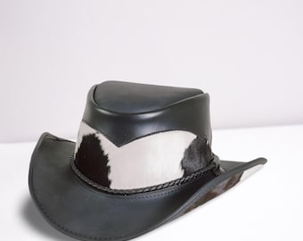 Brown and black leather cowboy hat with real cowhide – western style, rodeo ready, rancher look, handmade vintage fit. Free delivery!