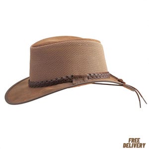 Stylish Mesh Leather Outback Hat for Men and Women in Brown or Black – Breathable, Durable, Comfortable Fit with Free Delivery