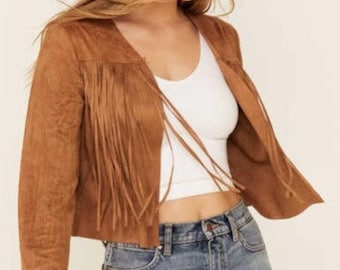 Handmade Tan Suede Fringe Jacket – Western Cowgirl Rodeo Style | Women’s Suede Fringe Coat- Premium Tan Suede Leather Fringe Jacket