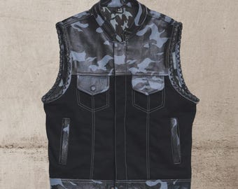 HandmadeBlue Camouflage Leather Biker Vest – Men’s Handmade Cowhide and Canvas Waistcoat, Motorcycle Rider Gift for Him Tactical Style
