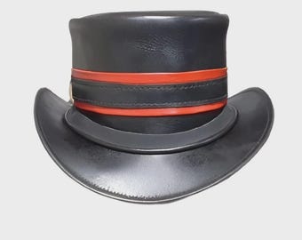 Handgemaakte zwarte leren cilinderhoed met rode band – steampunk-westerncowboystijl | Festival-cosplaykostuumhoed voor mannen en vrouwen