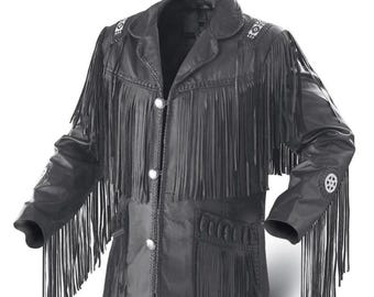 May include: Black leather jacket with long fringe detailing on the chest, sleeves, and back. The jacket features decorative stitching and silver-colored buttons. The collar and shoulders have embroidered accents. A classic western-style garment.