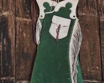 Handcrafted Green Suede Leather Chaps for Cowboys and Cowgirls with Cream Fringe and Buckle Detailing Western Fringe Cowboy Chaps -unisex