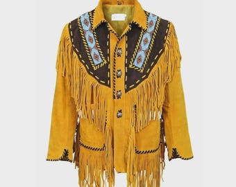 May include: Mustard yellow suede jacket with brown accents and fringe detailing. The jacket features decorative beading in blue, red, and white on the collar and yoke. It has four decorative buttons down the front and fringe along the sleeves and hem.