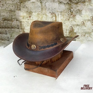 Vintage Brown Leather Cowboy Hat for Men | Western Outback Wide Brim Sun Hat | Handmade Rustic Western Fedora | Free Delivery Included.