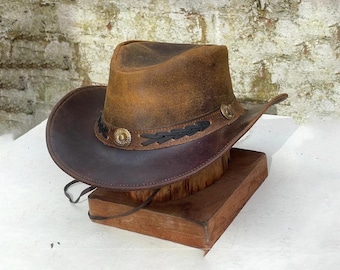Vintage Brown Leather Cowboy Hat for Men | Western Outback Wide Brim Sun Hat | Handmade Rustic Western Fedora | Free Delivery Included.