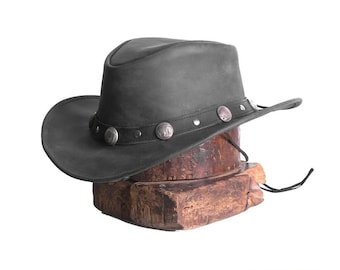 Sombrero vaquero de cuero negro para hombre y mujer / Estilo vintage del oeste americano / Sombrero australiano con correa para la barbilla / Envío gratis