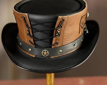 Steampunk Leather Top Hat with Goggles  and Gear Detail | Vintage Victorian Brown and  Black Cosplay Hat for Men & Women | Free Delivery