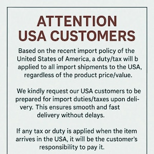 Pode incluir: Texto em fundo branco: "ATTENTION USA CUSTOMERS". O texto explica os direitos e impostos de importa&ccedil;&atilde;o para envios para os EUA, independentemente do valor do produto. Os clientes s&atilde;o respons&aacute;veis por quaisquer direitos.