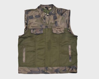 Handmade Camo Leather and Canvas Biker Vest – Military Tactical Style, Sleeveless Hunting Motorcycle Vest for Men Outdoor Wear