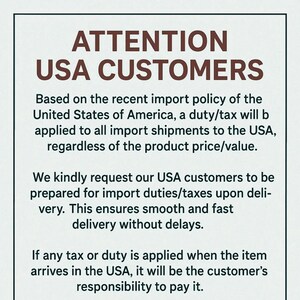Puede incluir: Texto sobre fondo blanco: "ATTENTION USA CUSTOMERS". El texto explica los derechos e impuestos de importaci&oacute;n para env&iacute;os a EE. UU., independientemente del valor del producto. Los clientes son responsables de cualquier derecho.