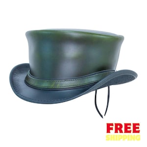 Handgemaakte leren steampunk-hoge hoed – Mad Hatter-stijl kostuum en cosplayhoed met gebogen rand – GRATIS VERZENDING