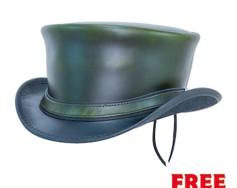 Handcrafted Leather Steampunk Top Hat – Mad Hatter Style Costume & Cosplay Hat with Curved Brim – FREE SHIPPING