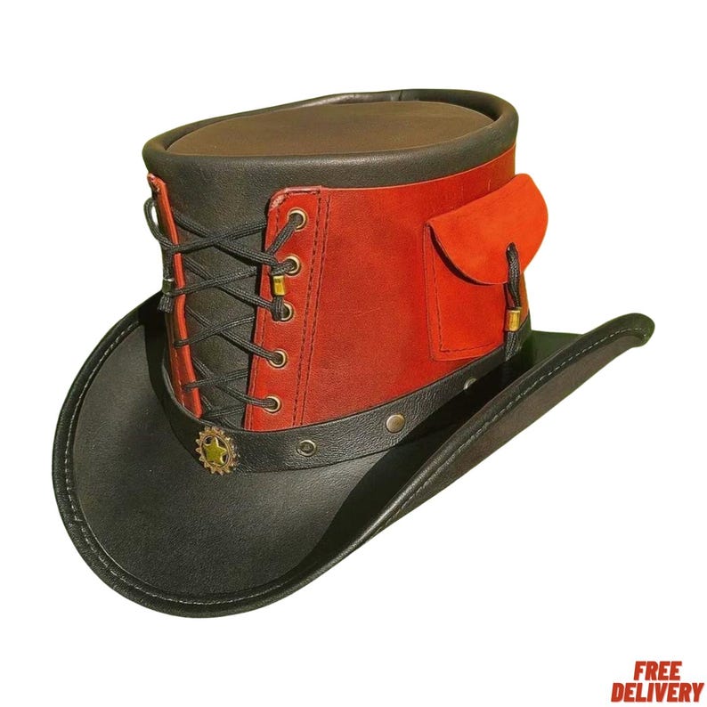 May include: A steampunk-style hat with a black brim and a red and black crown. The hat features a lace-up design, a small pocket, and a decorative star-shaped emblem. The hat is made of leather and has a unique, vintage aesthetic.