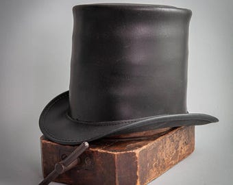 Gothic Black Leather Top Hat | Handmade Steampunk Victorian Stove Pipe Hat | Tall Festival Costume Accessory for Cosplay & Events
