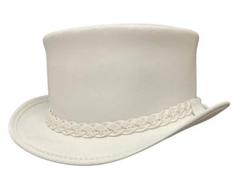 White Leather Top Hat with Braided Band – Steampunk Gothic Western Cowboy Costume Hat for Men & Women – Stylish Party Accessory