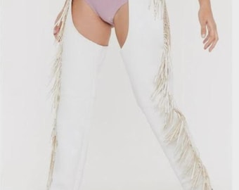 white Leather Fringe Chaps – Handmade Western Festival Leg Covers Women’s White Fringe Chaps