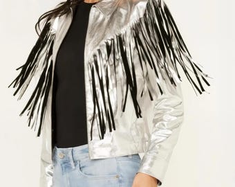 Women’s Silver Metallic Fringe Jacket – Western Cowgirl Rodeo Style Party Coat, Shiny Festival Outfit, Boho Country Concert Wear.