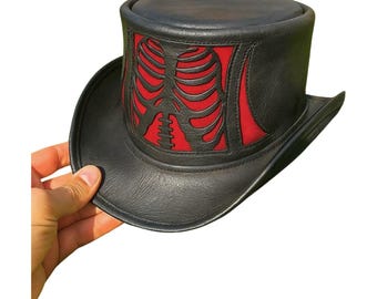 Skeleton Rib Cage Gothic Leather Top Hat | Handmade Black Steampunk Hat | Halloween Cosplay Costume Accessory for Festival Looks