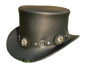 Black Leather Steampunk Top Hat with Silver Rose Accents | Gothic Victorian Festival Cosplay Hat | Handmade Rocker Style Hat-top hat