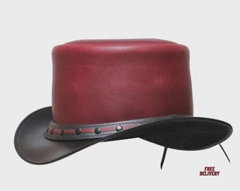 Vintage Burgundy Leather Steampunk Top Hat with Black Brim – Handmade Western Gothic Victorian Costume Cowboy Hat for Men & Women