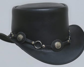 Black Leather Steampunk Top Hat with Silver Conchos | Gothic Victorian Festival Cosplay Hat | Handmade Rocker Biker Style Hat- BLACK TOP HAT