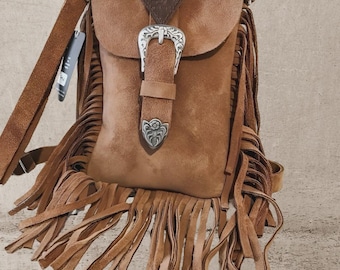 Bolso bandolera artesanal de ante marrón con flecos – Bolso boho western con hebilla plateada, bolso de hombro estilo vaquera vintage