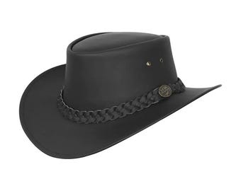 Schwarzer Leder Westernhut, Handgemachter Cowboy Outback Hut, Australischer Buschhut, Strapazierfähiger Leder Sonnenhut für Männer & Frauen, Geschenk für Ihn