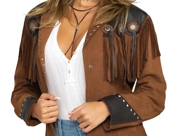 Western Suede Fringe Jacket for Women  Brown and Black Leather Accents  Stud Details Vintage Boho Cowboy Style Coat for Rodeo  Casual Wear