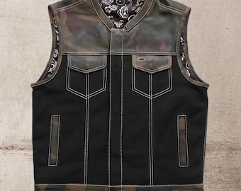 Handmade Camo Leather & Canvas Biker Vest – Tactical Motorcycle Waistcoat