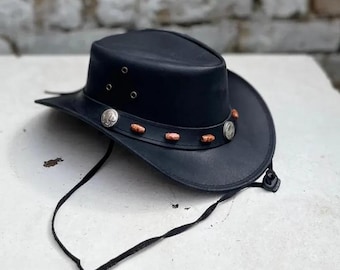 Black Leather Cowboy Hat | Western Outback Australian Bush Hat | Vintage Style Leather Hat with Conchos & Chin Strap | Free Delivery