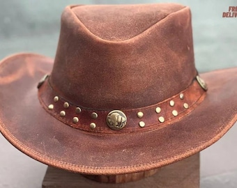 Vintage Leather Cowboy Hat Western Outback Wide Brim Studded Band Rustic Buffalo Concho Sun Protection Handmade FREE Delivery
