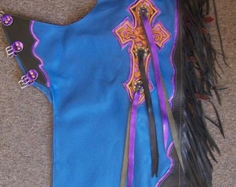 Handgemaakte leren chaps met franjes – western rodeo-cowboyoutfit